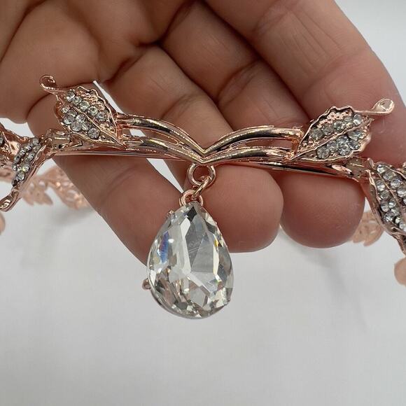 Rose Gold Elf Fairy Tiara Crown with Clear Gem & 4 Elf Ears Cosplay Hallowen - Picture 8 of 10